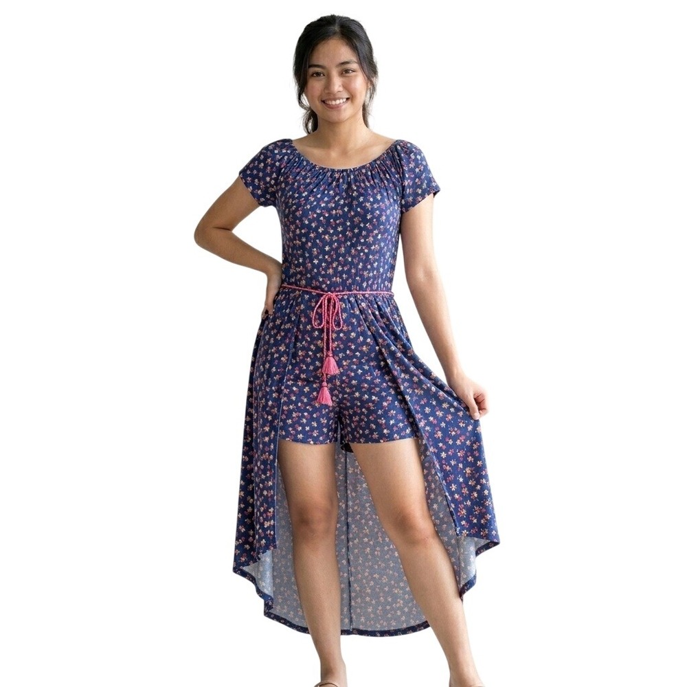 Kandy‎ Kiss Bohemium Blue Floral Casual Romper Pink Tassel Belt Waist XL